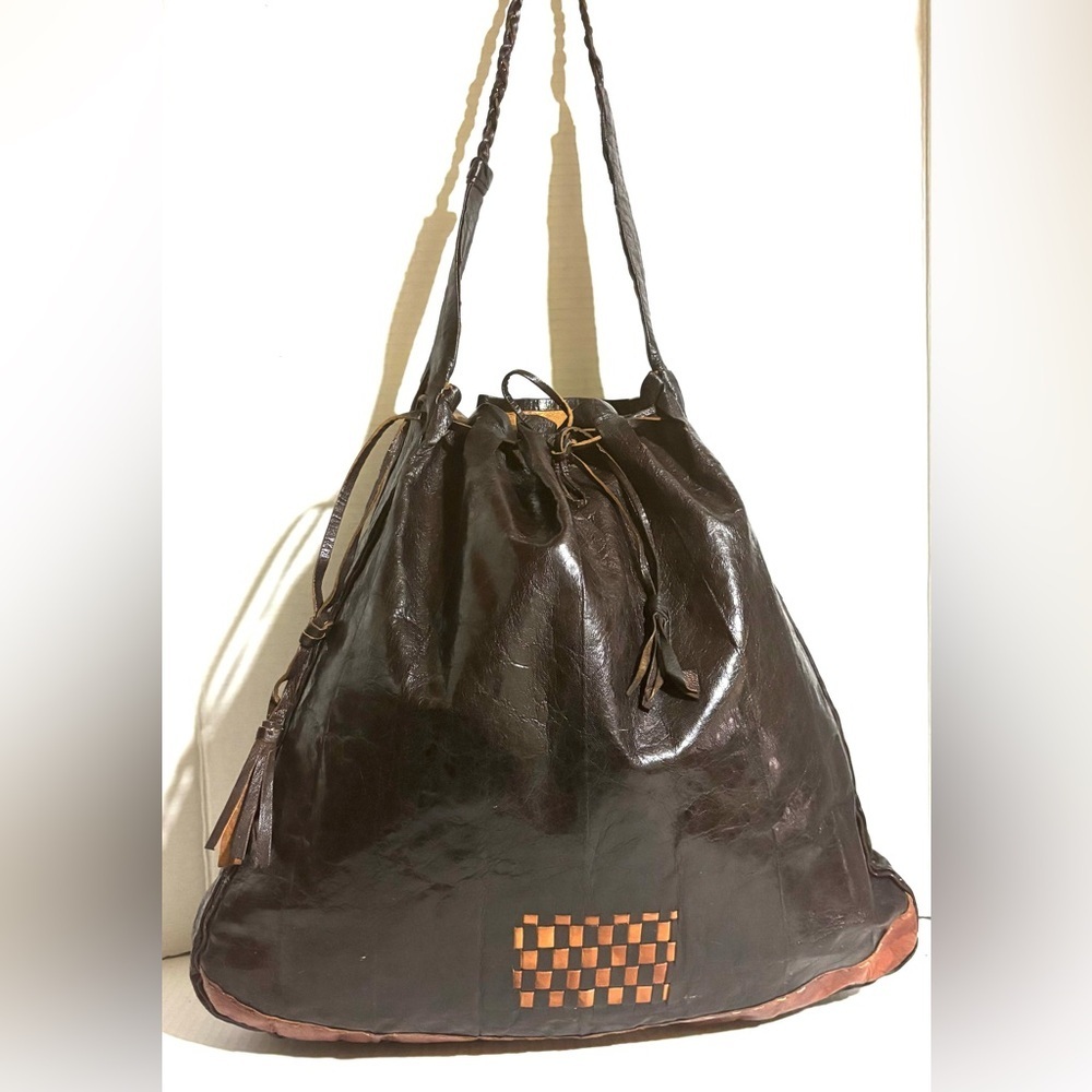 Large Dark Brown Leather Drawstring Hobo Bag with Woven Accent